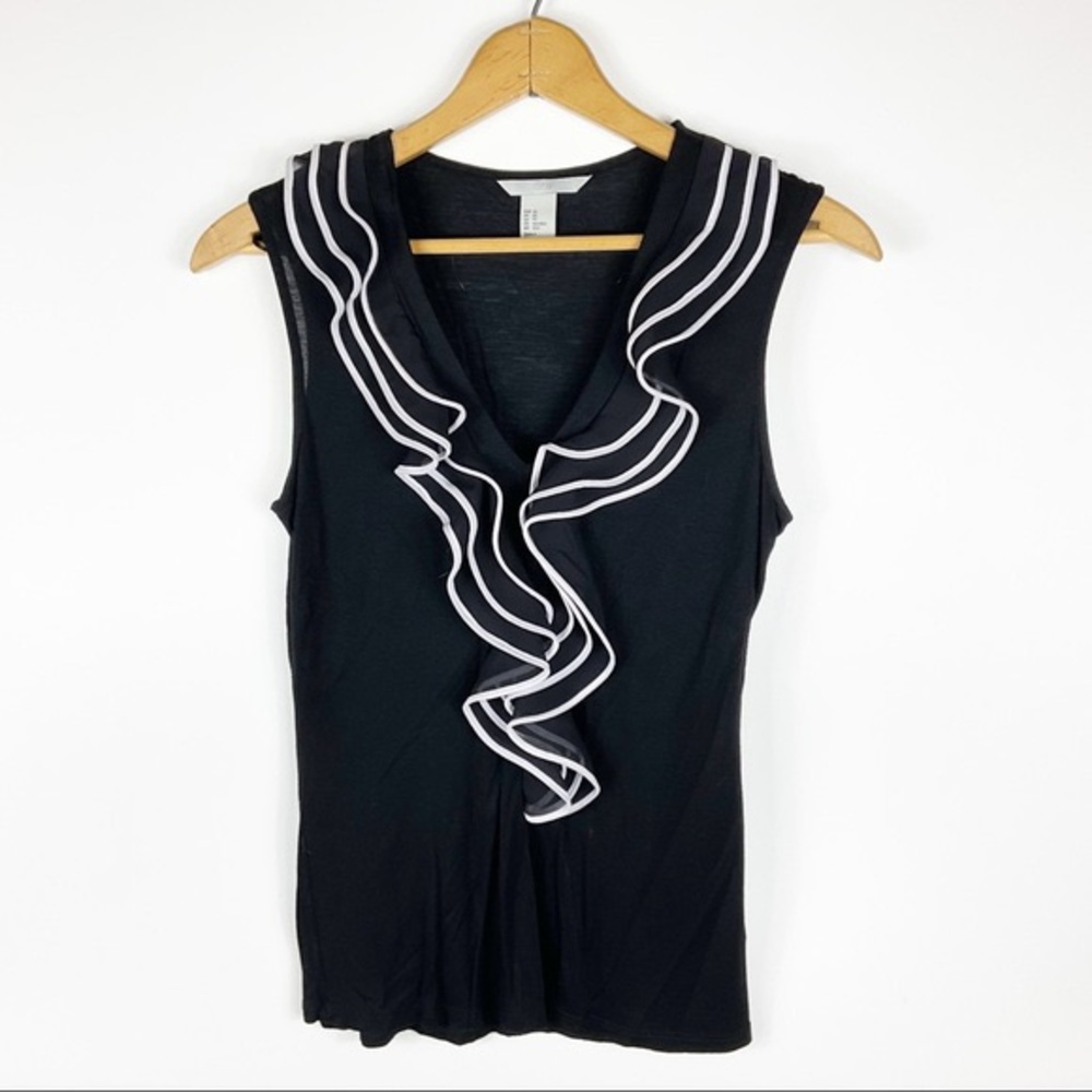 H&M Ruffle Neckline Blouse Black White Sleeveless size Large